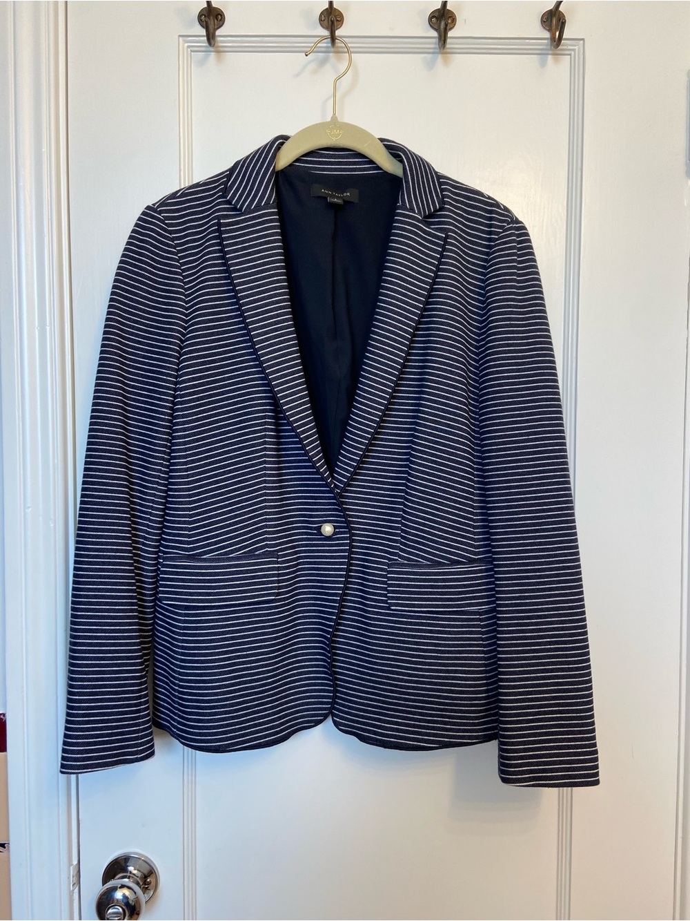 Ann Taylor Navy Striped Blazer with Pearl Buttons Sz 8